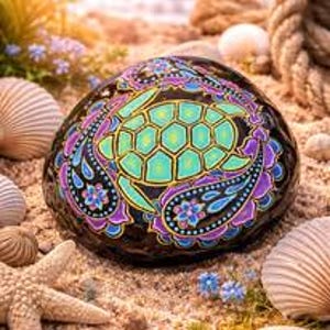 Puede incluir: Una piedra pintada a mano, de color marrón oscuro, con un diseño de tortuga marina. La tortuga está delineada en verde neón, con un patrón de panal en su caparazón. El diseño incluye patrones de cachemira morados y azules. La piedra está sobre arena con conchas.