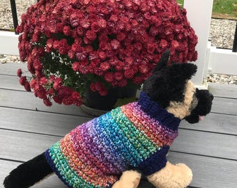 手作りかぎ針編みのカラフルな犬用セーター：レインボーニットのペット