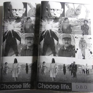 Puede incluir: Collage de fotos en blanco y negro de un hombre con gafas y el texto "Terry Rossland Bombing Suspect". El collage incluye imágenes de personas, un campo y un edificio. El texto "Choose life" está en la parte inferior del collage.