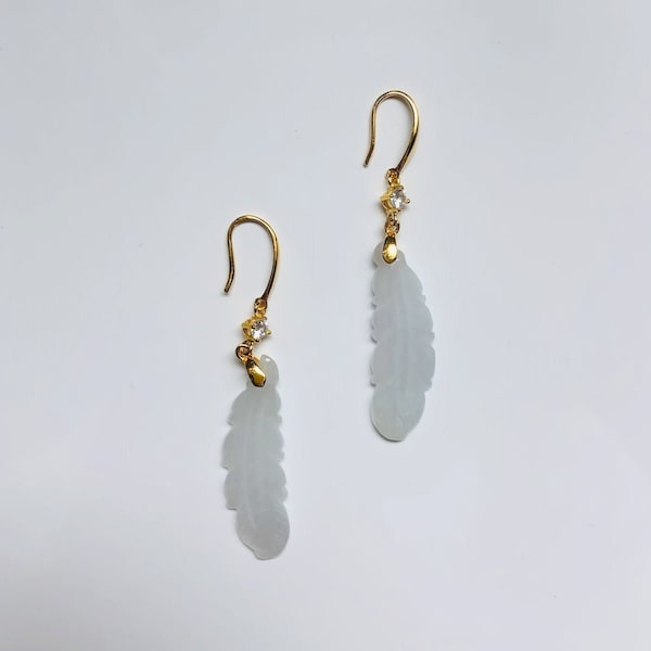 White Feather Jade Earrings.Long Jade Hanging Earrings.Gold Jade Jewelry.Elegant Real Jade wings Jewelry.Chinese Jade Earrings.Gift for her