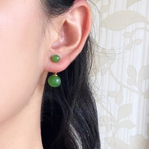 Multi-use green jade stud earrings.Jade drop earrings.5mm/10mm Jade hanging earrings.Real Jade Beads Jewelry.Round Chinese Jades.Gift.Gold