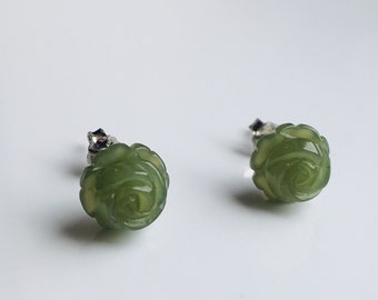 Green Jade Rose Stud Earrings.White Jade Studs.Tiny Jade Studs.Small Rose Studs.Natural Jade Studs.Jade Flower Earrings.Silver Jade Jewelry