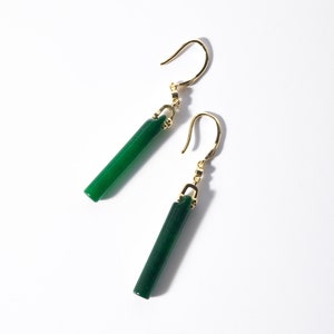 Long Green Jade Tube Earrings.Dangle Elegant Jade Earrings.Handmade Gold Jade Earrings.Hanging Real Jade Earrings.Chinese Jade Emerald