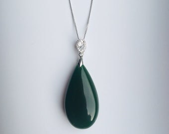 Big Teardrop Jade Pendant.Dark Green Jade Necklace.Jade Silver Necklace.Green Gemstone Jewelry.Gift pour elle