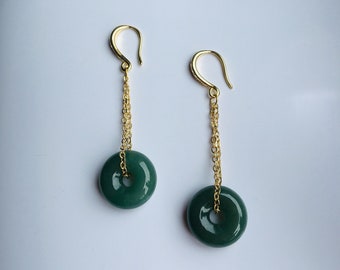 Dark Green Jade Donut Earrings.Vintage Jade Circle Earrings.Jade Drop Earrings Gold.Long Dangle Jade Earrings.Natural Round Jade Jewelry