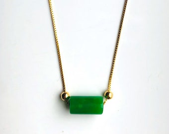 18k Gold Minimalistic Jade Necklace. Dark Green Jade Bead Pendant 16''. Simple Jade Choker.Dainty Genuine Jade Jewelry.Small Vintage Jade