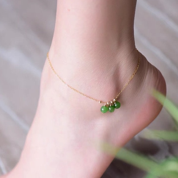 14k Gold Filled Anklet with Green Jade Beads.Dainty Foot Chain. Ankle Bracelet.Gold Foot Jewelry.Minimalist Anklet.Real Jade.Gift for her