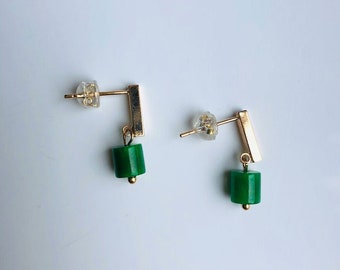 Tiny Green Jade Beads Earrings.Real Jade drop Hanging Earrings.18K Gold Jade Studs.Modern Jade Jewelry.Dangle Simple Jade Cubes.Minimalistic