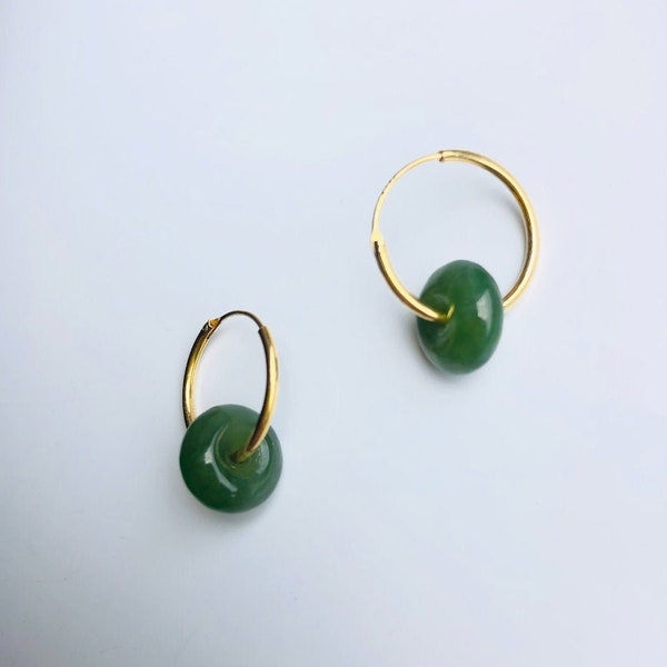 Mini 18k Gold Jade Donut Earrings.Small Green Jade Drop Hoop Earrings.Minimalist Tiny Jade Circle Jewelry.Natural Round Jade Earrings.Gift