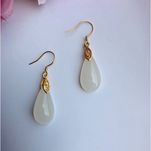 14k Gold Teardrop White Jade Earrings.Jade Hanging Earrings.Gold Jade Drop Earrings.Elegant Real Jade Jewelry.Jade Dangle Earrings.Gift