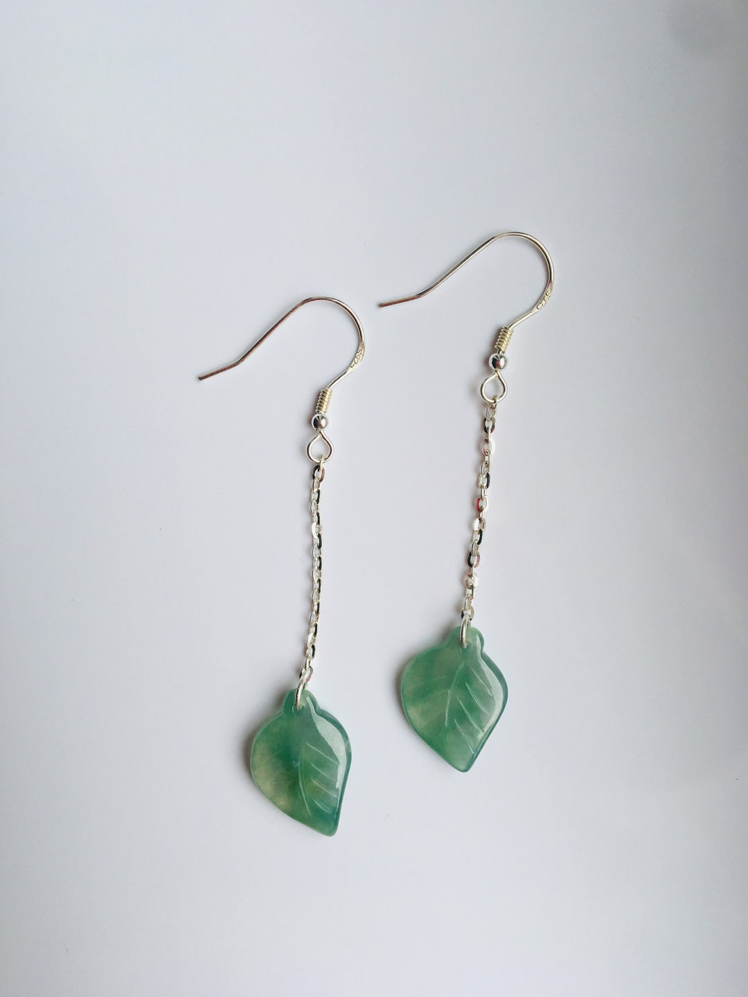 Icy Green Jade Leaf Earrings.hanging Leaves Earrings.sterling Silver