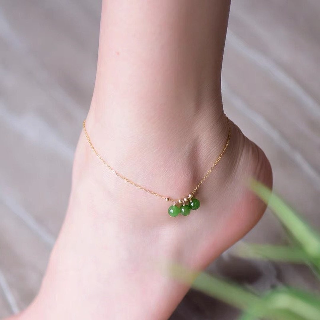 14k Gold Filled Anklet With Green Jade Beads.dainty Foot Chain. Ankle Bracelet.gold Foot Jewelry