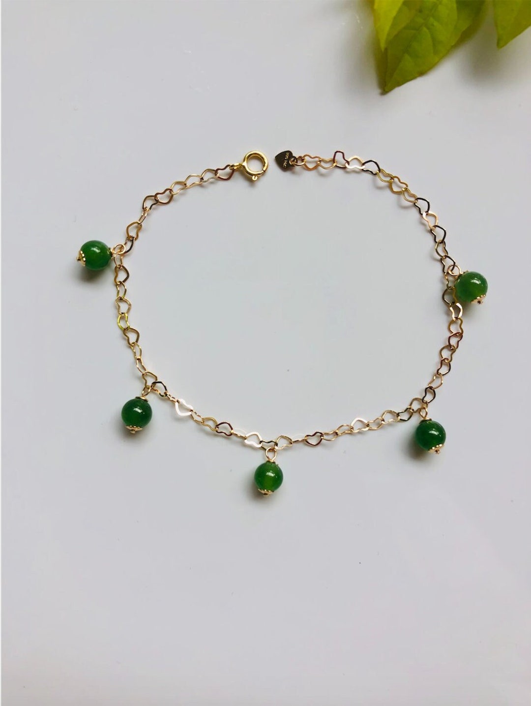 14k Gold Filled Jade Bracelet.green Jade Beads Bracelet.gold Hearts Jewelry.real Jade Charm
