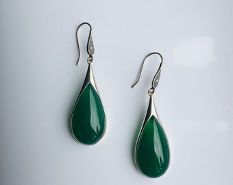 Big Jade Teardrop Earrings.Vintage Dark Green Jade Earrings.Natural Green Jade Drop Earrings.Sterling Silver Jade Earrings.Gift for Mother