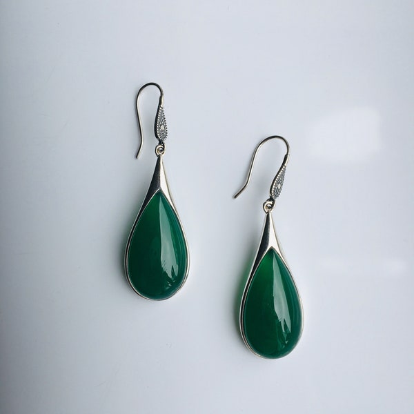 Pendientes grandes de lágrima de jade.Pendientes vintage de jade verde oscuro.Pendientes colgantes de jade verde natural.Pendientes de jade de plata de ley.Regalo para la madre