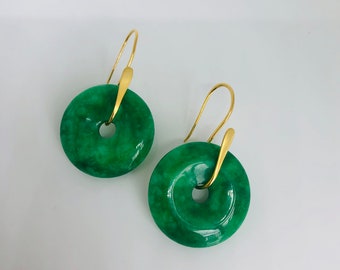 Big Emerald Green Jade Donut Earrings.18k Gold Real Jade Circle Earrings.Round Jade Earrings.Pi Disc Jewelry.Vintage Chinese Jade.Gift