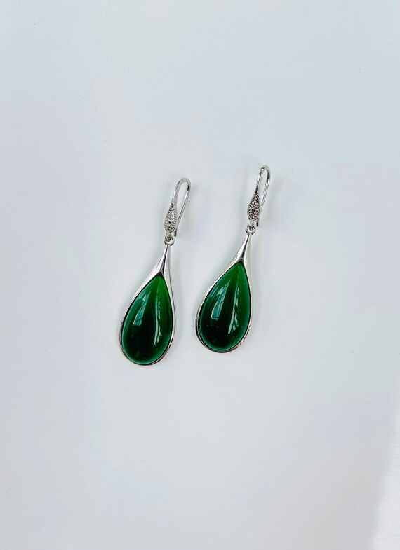 Sterling Silver Dark Green Jade Dangle Earrings Sterling Silver Dark Green Jade Dangle Earrings