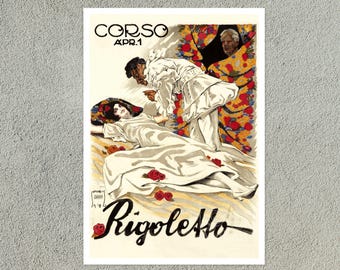 May include: A vintage poster titled Rigoletto featuring the text CORSO APR.1. The illustration depicts a person in a white ruffled outfit leaning over another person in a white gown, surrounded by scattered red roses and a colorful floral backdrop.