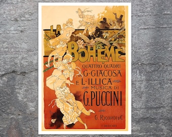 May include: A vintage-style poster for the opera La Boheme, featuring warm orange and yellow tones. The illustration depicts several figures in period clothing, with bold black text reading La Boheme, Quattro Quadri, G. Giacosa, L. Illica, G. Puccini, and G. Ricordi & C. Editori.