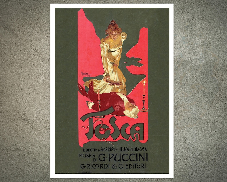 Vintage Advertising Poster for Puccini's Opera "Tosca" (c.1899) by Adolfo Hohenstein - Giclée Fine Art Print image 1