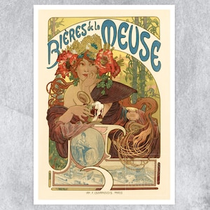 Alphonse Mucha "Bieres de la Meuse" (c.1900) Advertising Poster - Art Nouveau - Belle Époque - Premium Reproduction Giclée Fine Art Print