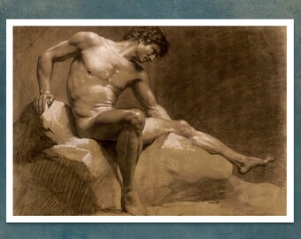 Jean Baptiste Isabey "Nude Man Sitting on a Rock" (c.1789) - Giclée Fine Art Print