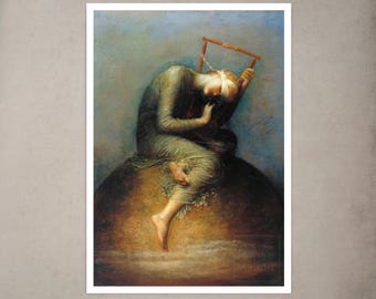 May include: A fine art print depicting a figure in a long, flowing, muted green garment sitting atop a large, dark, spherical object. The figure holds a wooden lyre, with a white cloth wrapped around their head. The background is a soft, hazy blue.