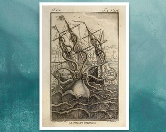 Vintage Book Illustration "Le Poulp Colossal"  (c.1802) The Kraken - Giant Squid - Premium Reproduction Giclée Fine Art Print