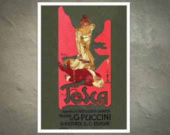May include: A vintage poster for the opera Tosca by G. Puccini. The artwork features a figure in a gold dress standing over a figure in a red suit lying on the ground. Two lit candles flank the scene against a red background. The text reads Tosca.