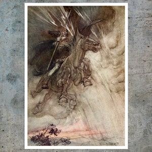 Vintage Book Illustration "Odin & Sleipnir" (c.1911) by Arthur Rackham - Premium Reproduction Giclée Fine Art Print