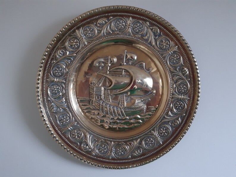 A Pair of Vintage English Embossed Brass Wall Hanging Chargers Etsy