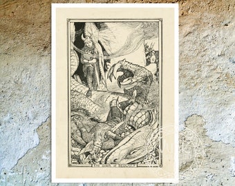 Vintage Book Illustration "The Death of Beowulf" by H.J Ford (c.1899) - Premium Reproduction Premium Giclée Fine Art Print