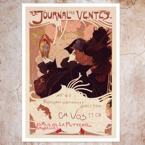 May include: A vintage poster titled Le Journal des Ventes featuring a person in dark clothing holding a small amber-coloured bottle. The background displays pink floral patterns and grid lines. Text includes Ch. Vos et Co, 23 Rue de la Putterie, Bruxelles.