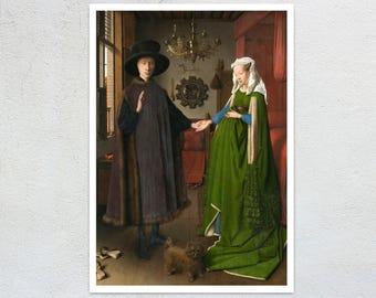 May include: A reproduction of the Arnolfini Portrait featuring a person in a dark purple fur-trimmed cloak and black hat, and a person in a long green dress with a white head covering, standing together with a small brown dog in a room.