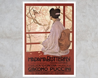 May include: A vintage poster for Madama Butterfly featuring a person in a light purple kimono with a brown obi, kneeling and looking out a window at a cherry blossom tree with a small bird. The text reads Madama Butterfly and Giacomo Puccini.