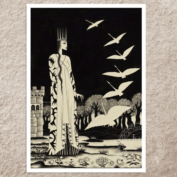 Vintage Book Illustration "She Turned Them Into Six Swans" (c.1913) by Kay Nielsen - Premium Reproduction Giclée Fine Art Print