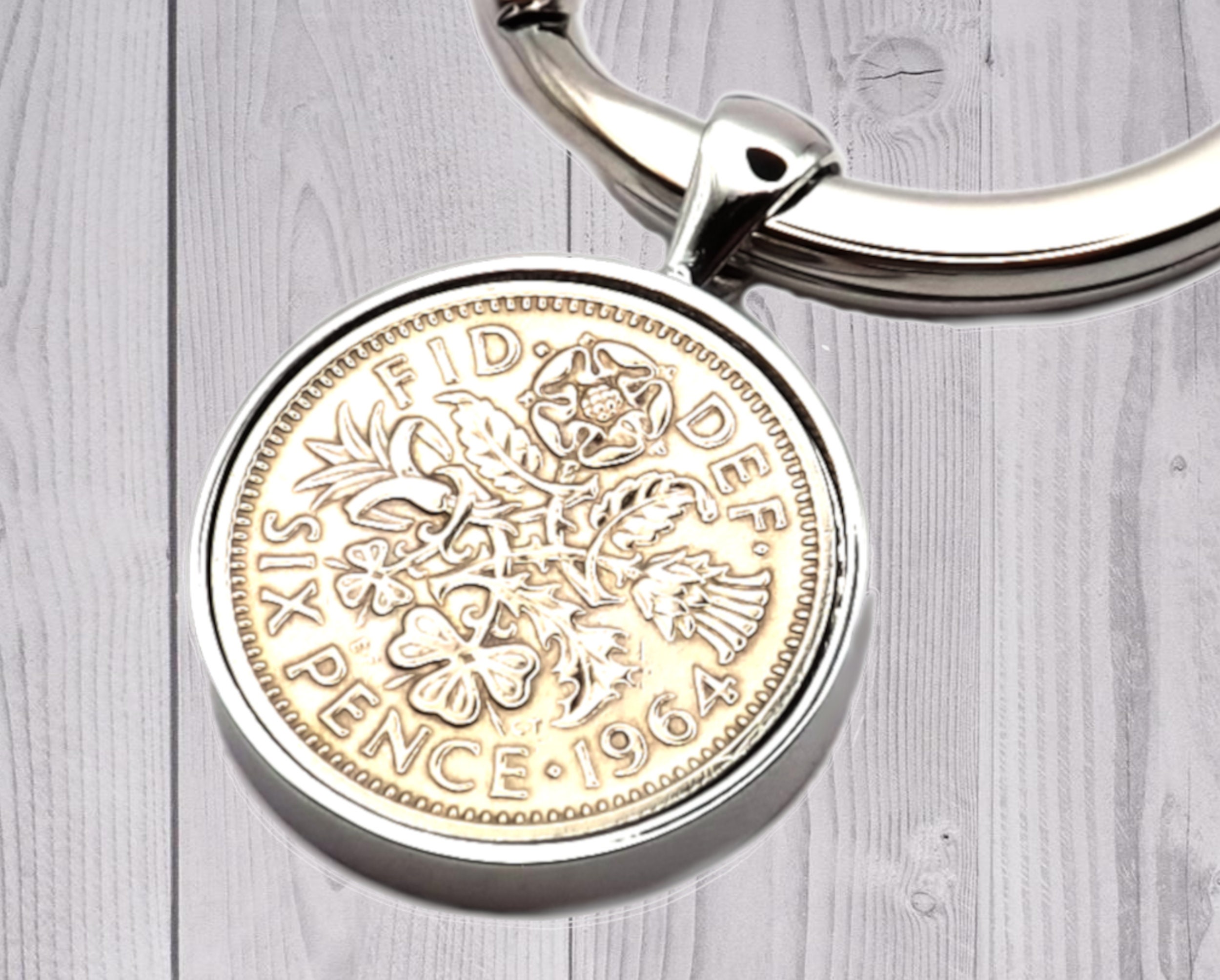 1964 Silver Sixpence Coin Keychain Mens 60 Years Birthday Gift Keyring ...