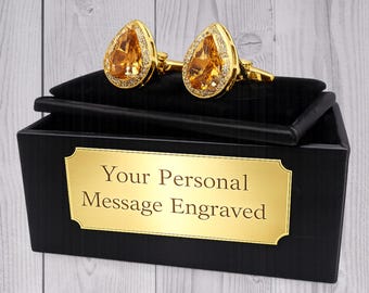 Gemelli da polso con cristalli a goccia color ambra arancione, placcati in oro 9 carati, regalo da uomo di CUFFLINKS DIRECT. Regalo personalizzato con incisione.