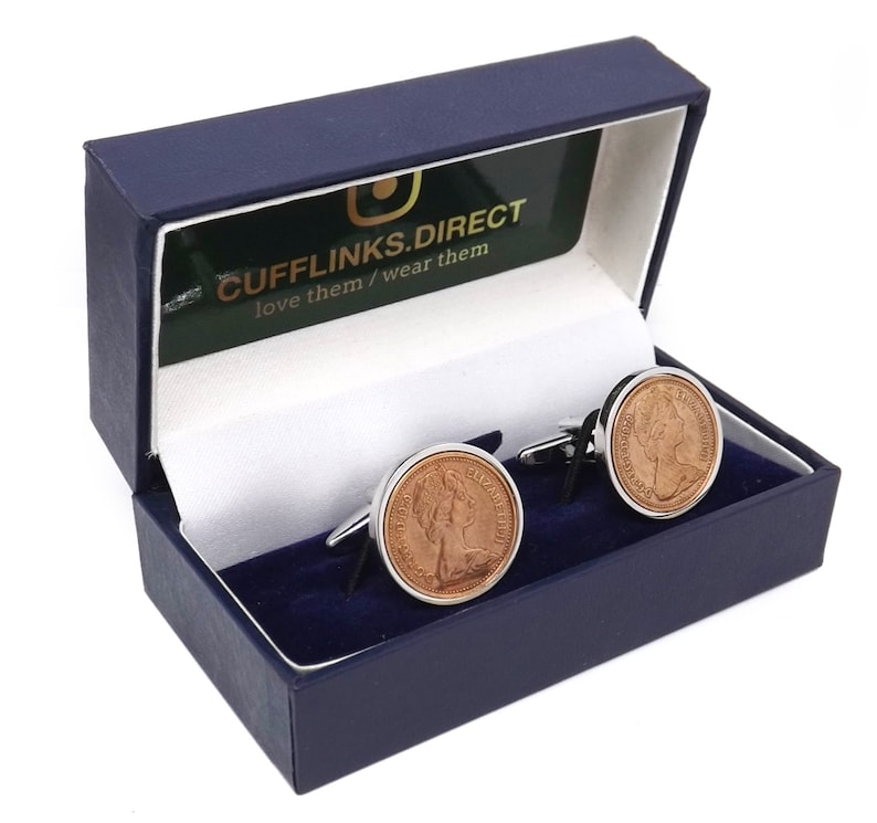 1979 British Half Pence Coins Hand Set in a Silver plate Setting Mens 40 Years birthday Gift Cuff Links by CUFFLINKS DIRECT