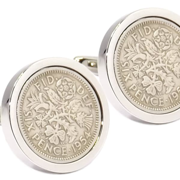 1954 Sixpence Coins Hand Set in a Silver plate Setting Mens Years Gift Cuff Links by CUFFLINKS DIRECT