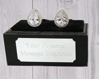 Gemelli a goccia in cristallo Swarovski trasparenti in argento placcato rodio, regalo per uomo di CUFFLINKS DIRECT, regalo inciso, regalo personalizzato per lui