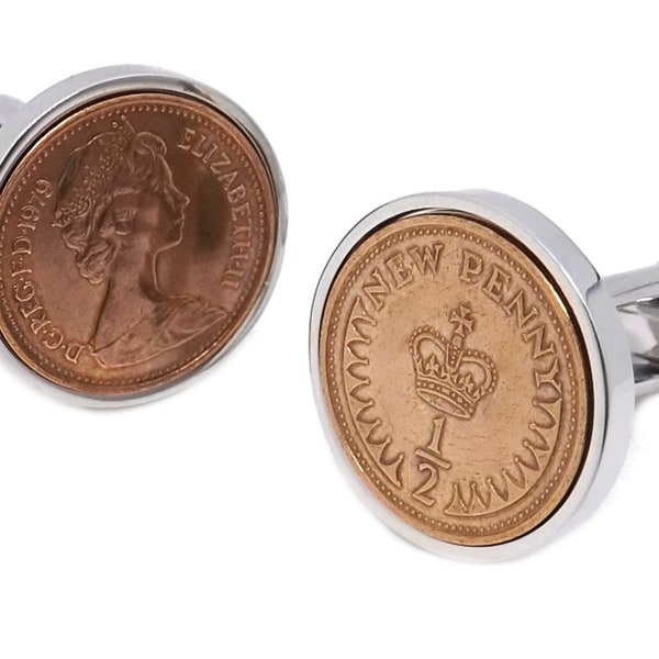 1979 British Half Pence Coins Hand Set Heads and Tails in a Silver plate Setting Mens 45 Years birthday Gift Cuff Links by CUFFLINKS DIRECT