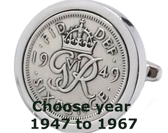 Gemelli originali in argento placcato da sei penny portafortuna per uomo, regalo di compleanno, di CUFFLINKS DIRECT (scegli l'anno)