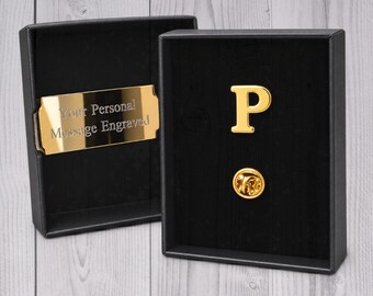 Spilla da bavero placcata oro P, spilla da cravatta, regalo per Pedro, regalo per Patricia Pavel Paula Pablo Philip, scatola personalizzata, sacchetto regalo inciso, iniziale P