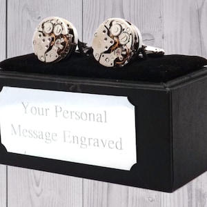 Steampunk Steel Watch Movement Cuff links mens gift by CUFFLINKS DIRECT Engraved gift personalised gift gift for him gift for her
