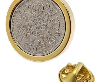 1959 Moneta da sei pence in argento, spilla, anno di nascita, regalo, piatto d'oro da 9 ct, regalo per uomo, gemello per il 65° compleanno, 59° anniversario, 65 anni di nascita nel 1959