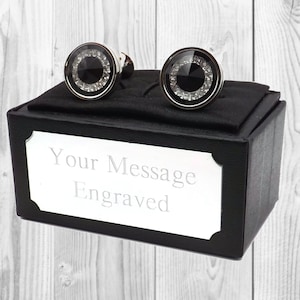 Black Crystal Cufflinks with Diamond look swarovski crystals mens gift by CUFFLINKS DIRECT Engraved gift personalised gift gift for him her