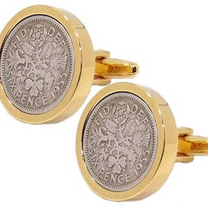1955 Sixpence Coins Hand Set in a 9ct Gold plate Setting Mens 63 Years Gift Cuff Links by CUFFLINKS DIRECT