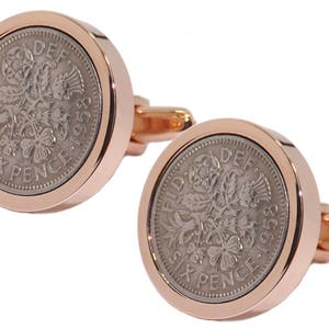 1958 Sixpence Coins Hand Set in a Rose Gold plate Setting Mens 63 Years Gift Cuff Links by CUFFLINKS DIRECT