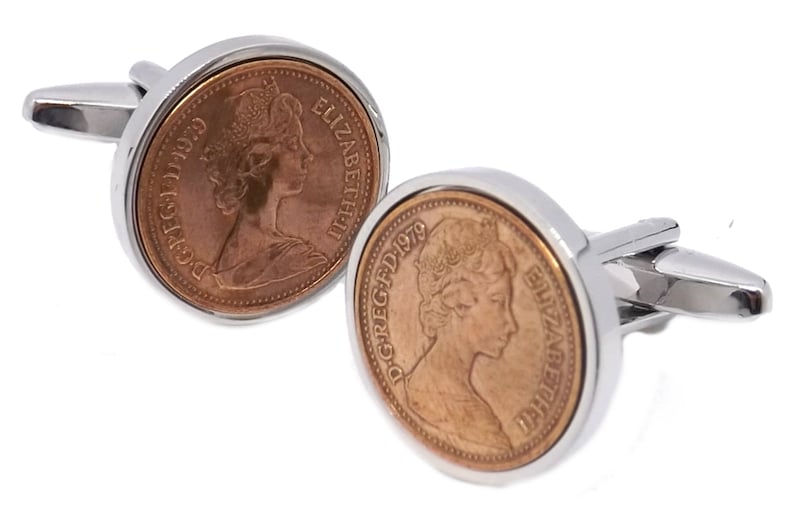 1979 British Half Pence Coins Hand Set in a Silver plate Setting Mens 40 Years birthday Gift Cuff Links by CUFFLINKS DIRECT